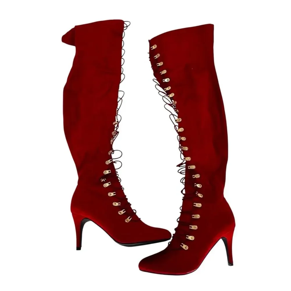 Journee Collection Trill Knee High Boot Red Faux Suede - Size 7